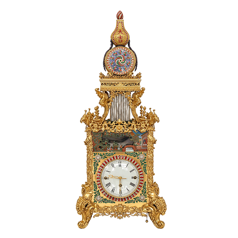 Gilt-Bronze Auspicious Gourd Clock with Rotating Flowers and Waterworks