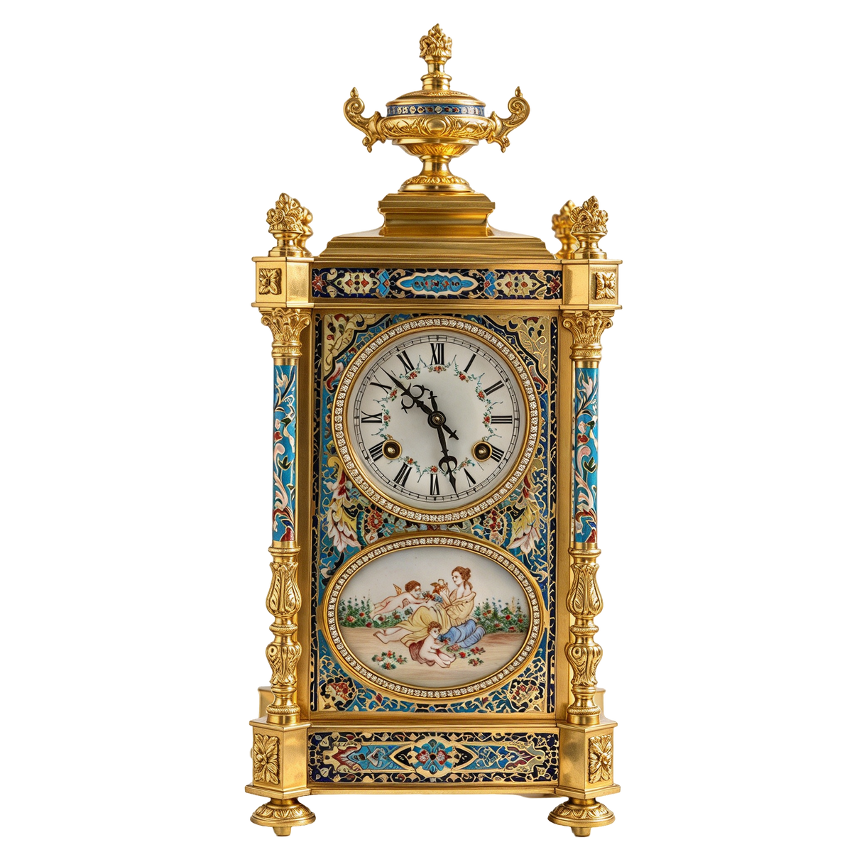 Gilt-Bronze Enamel Clock with Painted Porcelain Panels